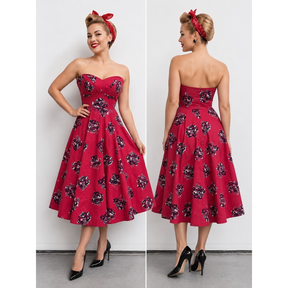 Pin up Floral Midi Dress Rockabilly Size 4 Coral Pink Ruffle Hem A-Line